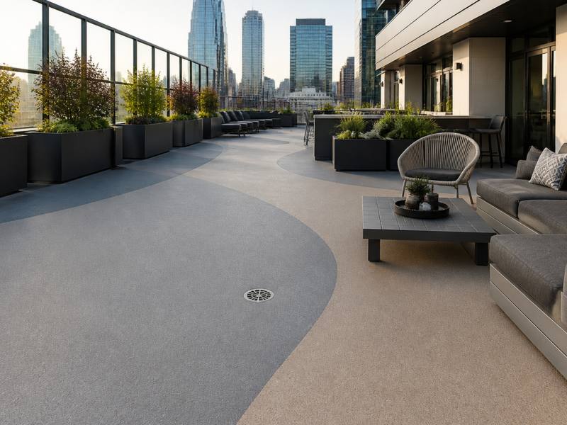 Rooftop terrace finished in speckled grey rubber surfacing with lounge seating and a city skyline behind
