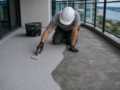Rubber surfacing being troweled on a condo balcony