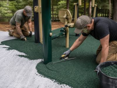 Green rubber surfacing going in under outdoor fitness equipment