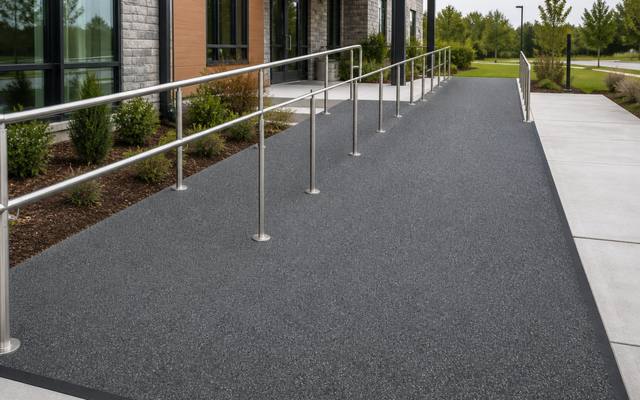 Commercial entrance ramp with steel handrails finished in grey rubber surfacing