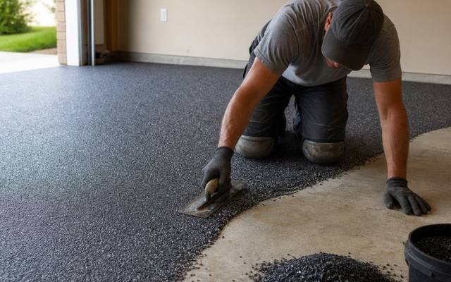 Installer on his knees troweling charcoal rubber surfacing across a garage floor