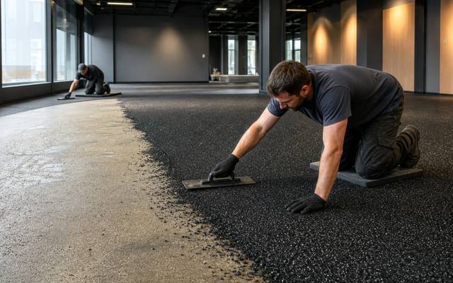 Installer troweling black rubber flooring in a fitness studio with mirrored walls