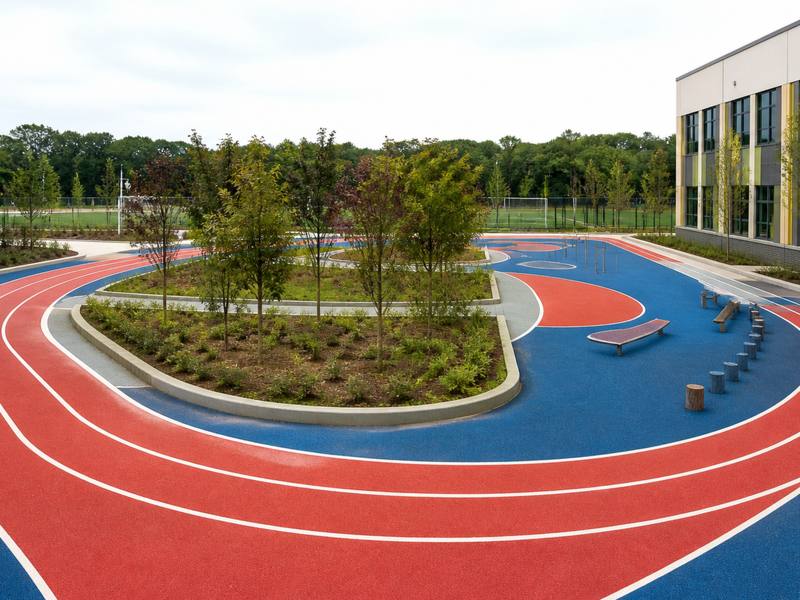 Red rubber running track with white lane lines around a school field